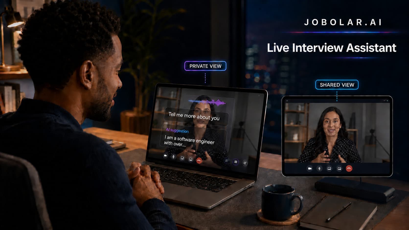Illustration comparing a private Jobolar Desktop interview view with AI guidance over the interviewer video against a clean shared-screen view.